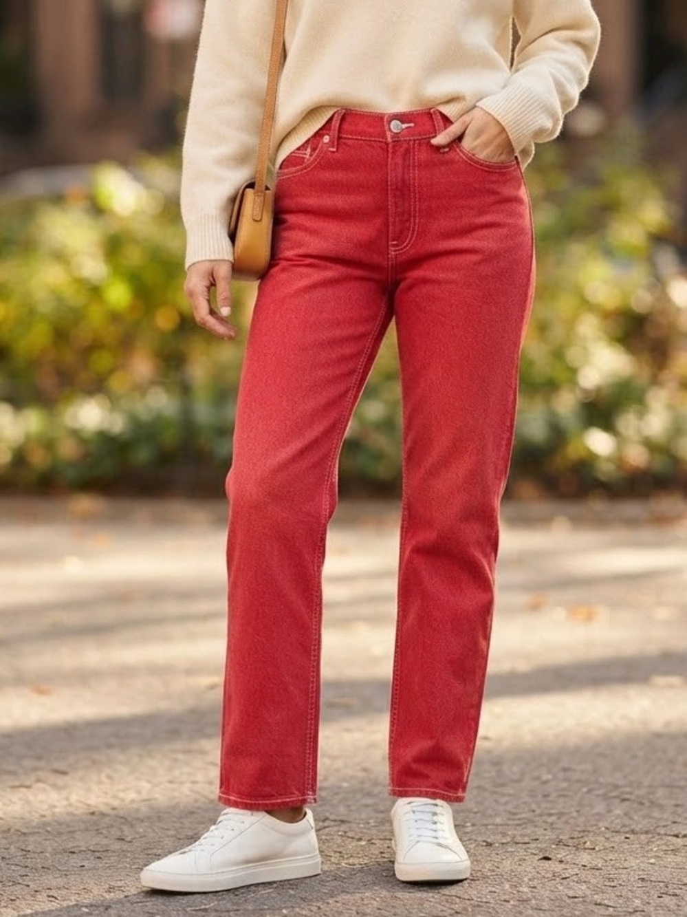Ann Taylor LOFT | Red High Rise Straight-Leg Jeans with Contrast Stitching | 6